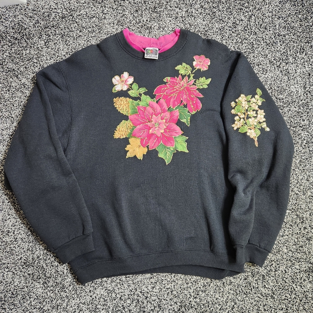 Vtg 90s Granny Poinsettia Sweatshirt Women L Made in USA Fruit of the Loom Retro